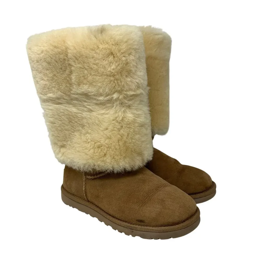 Ugg Over The Knee Bailey Button Sheepskin Boots Womens Sz 6 Brown Suede Cuffable